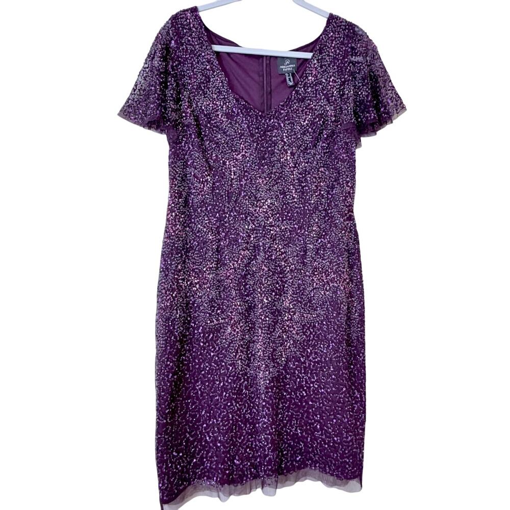 Adrianna Papell Flutter Sleeve Beaded Sequin Dress 14 NYE Glam Cocktail Coquette - Picture 2 of 11